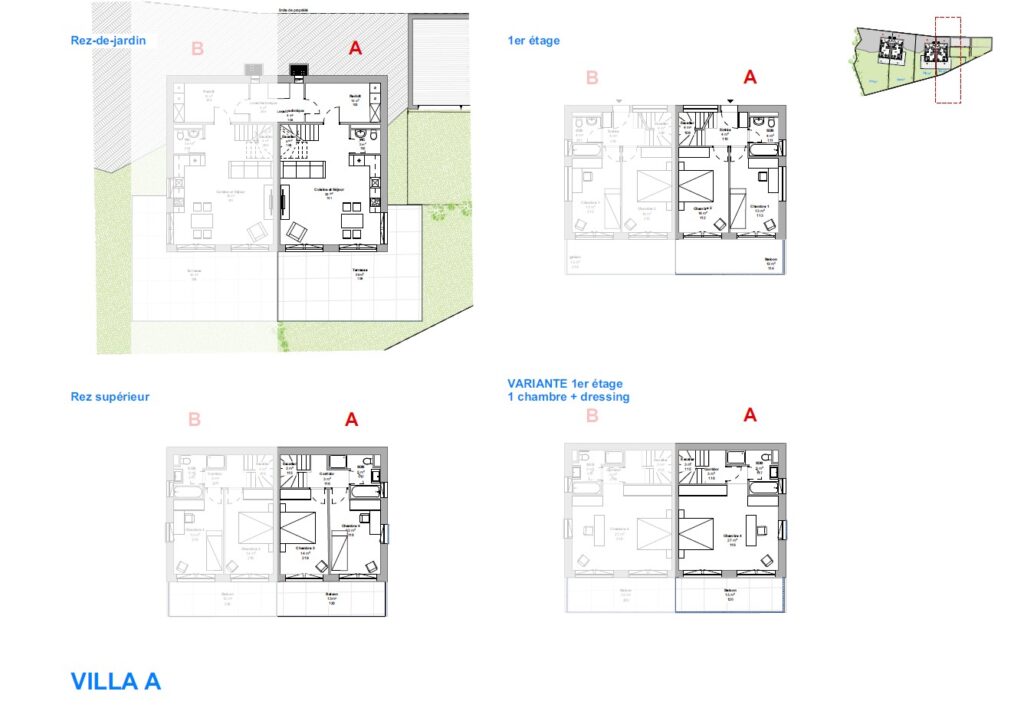 Plan des niveaux de la Villa A avec rez-de-jardin, 1er étage, rez supérieur et variante, montrant pièces, escaliers, terrasses et balcons.