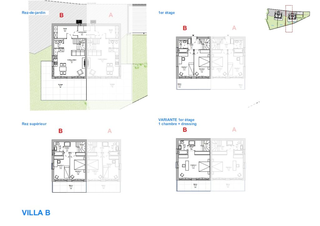 Plan de la villa B avec rez-de-jardin, 1er étage, rez supérieur et variante, montrant pièces, terrasses et jardin.