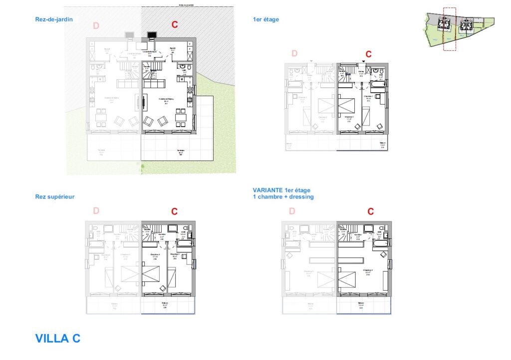 Plan de villa neuve C avec rez-de-jardin, 1er étage, rez supérieur, variante 1 chambre + dressing, terrasses et balcons.