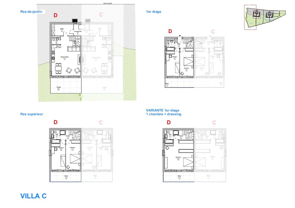 Plan de villa neuve avec rez-de-jardin, 1er étage, rez supérieur et variante, montrant séjour, cuisine, chambres, salles d’eau, terrasse et jardin.