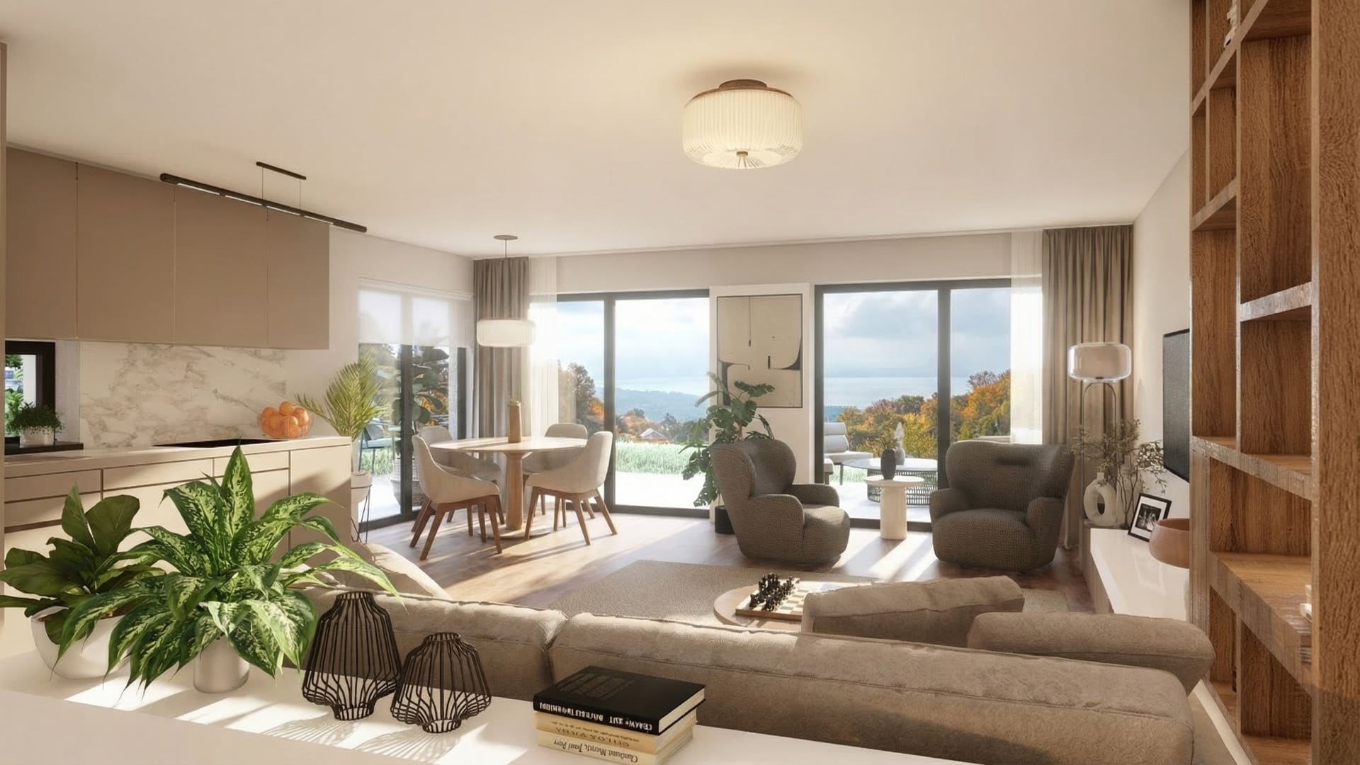 Séjour lumineux avec cuisine ouverte aux finitions beige et marbre, coin repas, salon meublé et grandes baies vitrées sur le jardin.