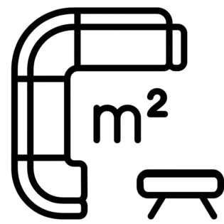 Icône noire d’un plan de canapé d’angle avec une table basse, symbolisant une surface en mètres carrés.