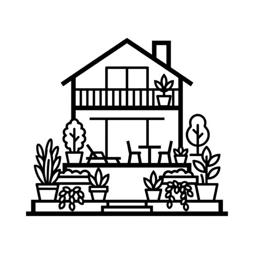 Illustration d’une maison contemporaine avec balcon, terrasse meublée, escalier central et plantes en pots dans le jardin.