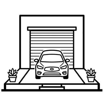 Garage individuel avec voiture stationnée devant une porte sectionnelle, allée centrale et deux plantes en pot.