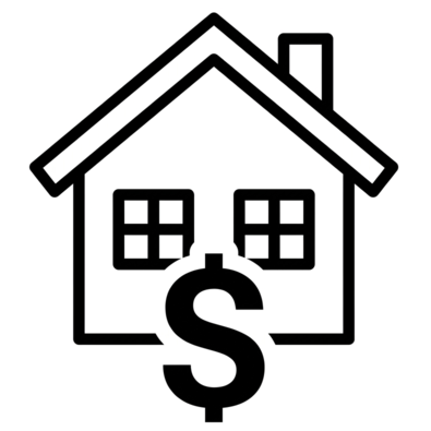 Icône noire d’une maison avec cheminée et deux fenêtres, superposée à un symbole dollar sur fond blanc.